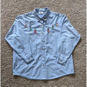 Vintage Nutcracker Embroidered Blue Shirt With Christmas Ornaments Size 18W EUC